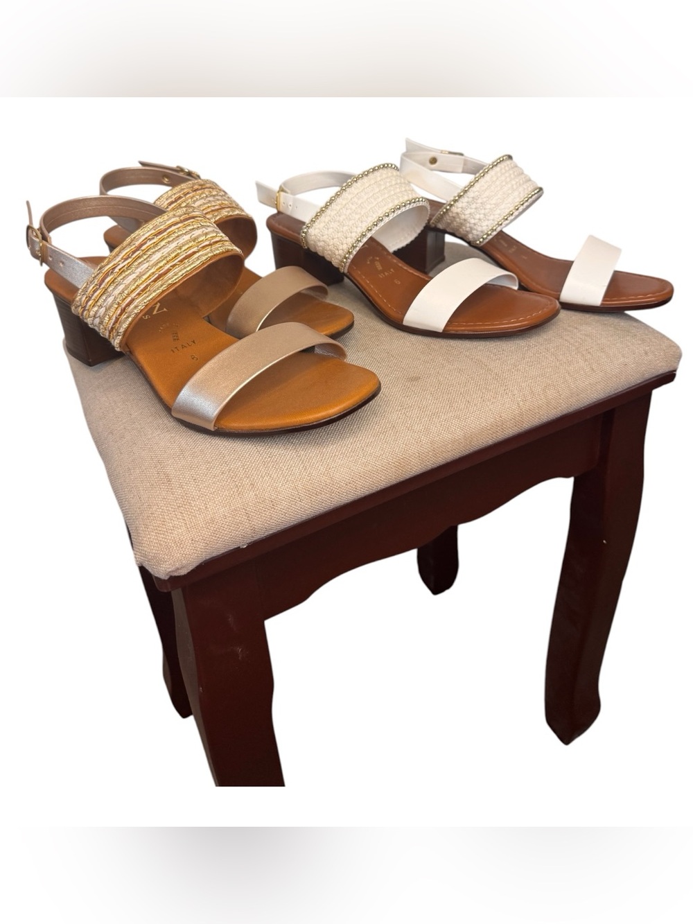 (2) Pair Italian Shoemaker Faux Leather Braided Strap Sandals Size 6 Gold/White